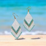 Χειροποίητα Σκουλαρίκια Boho με χάντρες Miyuki Λευκό Τυρκουάζ