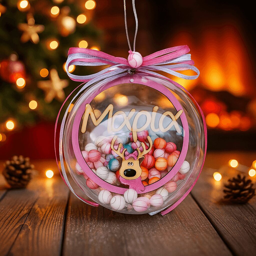 Χριστουγεννιάτικη Μπάλα Plexiglass Ταρανδάκι με Μπαλίτσες & Όνομα (Για Αγόρι ή Κορίτσι, 8-12εκ.)